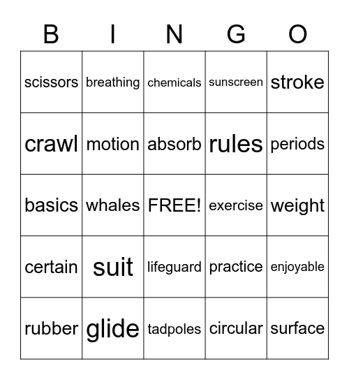 Swimming Bingo Card