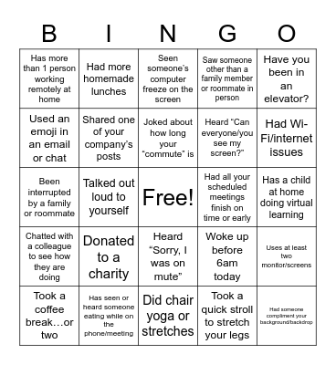 Virtual Work Bingo Card