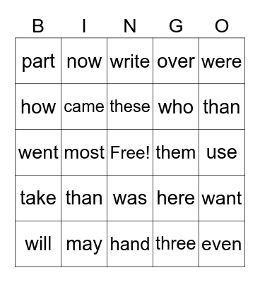 2nd Grade Sight Words Bingo Card