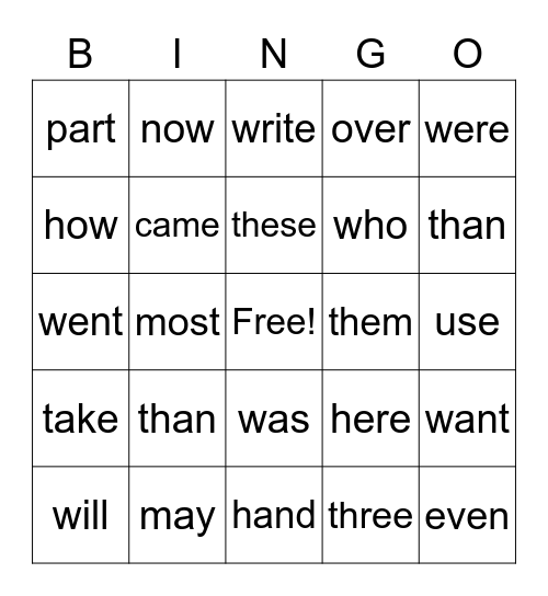 2nd Grade Sight Words Bingo Card