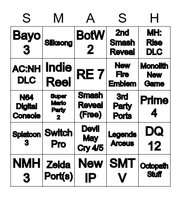 Nintendo Direct E3 Bingo Card