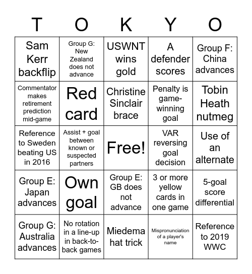 Tokyo Olympics Women's Soccer Bingo Card