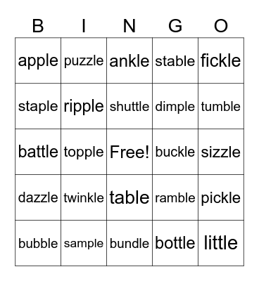 c+le Words Bingo Card