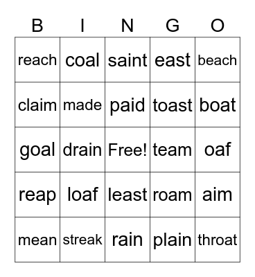 Vowel Team Bingo Card
