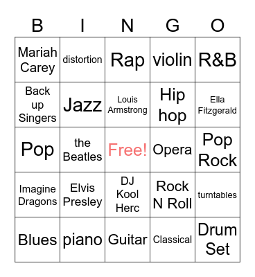 Music Genres Bingo Card