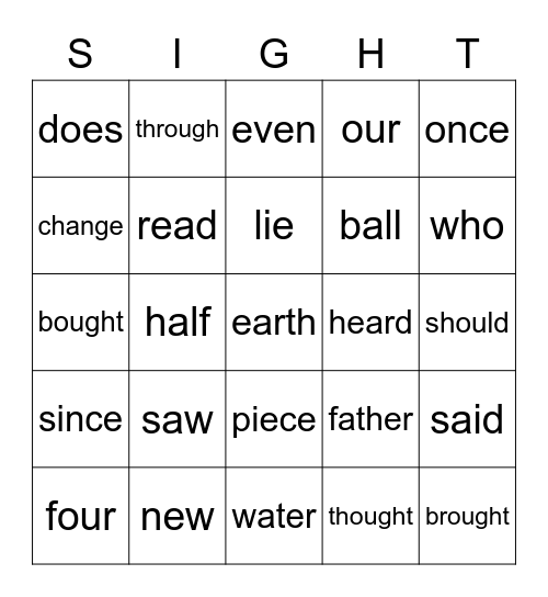 SIPPS sight words Bingo Card