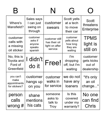 Dealership Bingo Card