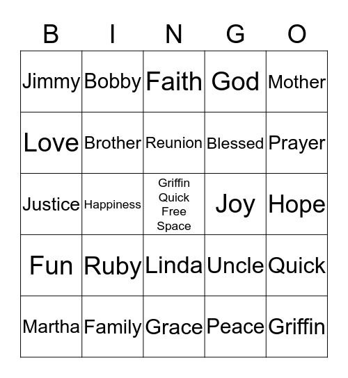 The Ruby Griffin Quick Family Reunion Bingo Card
