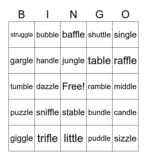 c+le Words Bingo Card