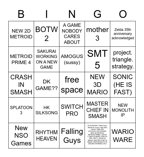 NINTENDO E3 Bingo Card