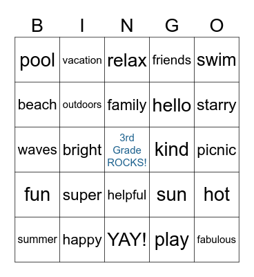 3rd Grade Summer Bingo Card