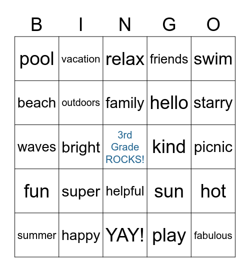 3rd Grade Summer Bingo Card