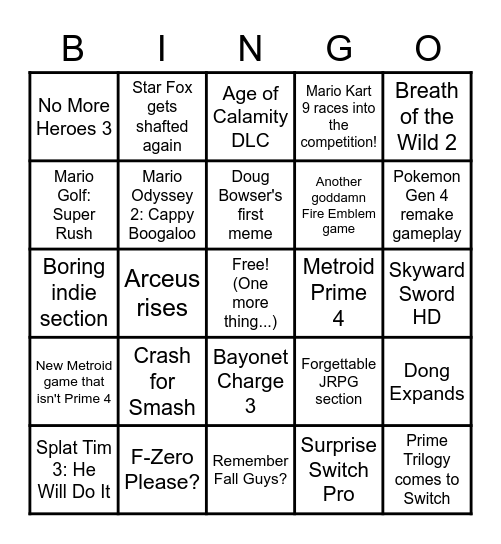 E3 2021 Bingo - Nintendo Bingo Card