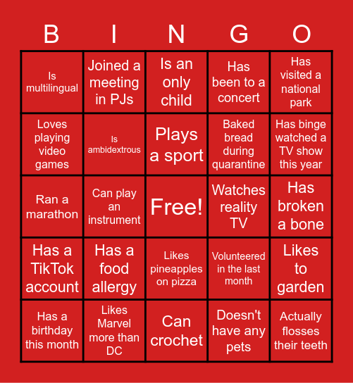 BINGO TO MEET YOU! Bingo Card