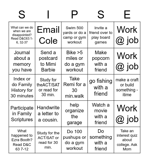 Spiritual, Intellectual, Physical, Social, Entrepreneurial Bingo Card