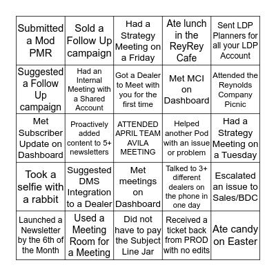 TEAM AVILA BINGO - APRIL Bingo Card