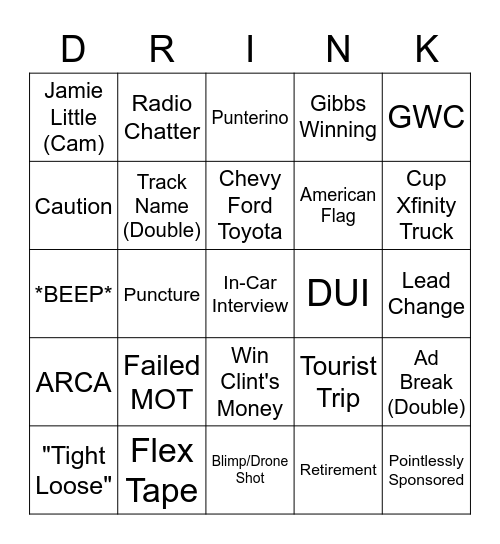 NASCAR Bingo Card