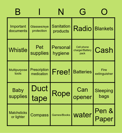 Survivor Scavenger Bingo Card