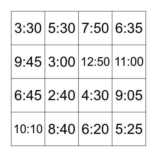 Telling Time Bingo Card