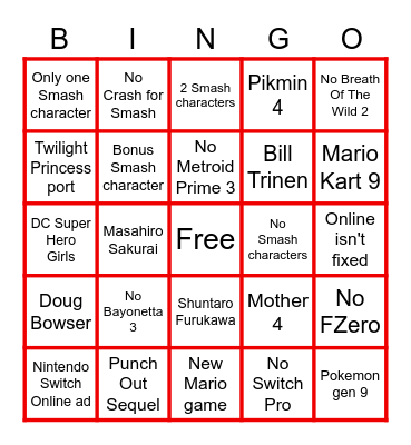 Nintendo E3 Bingo Card