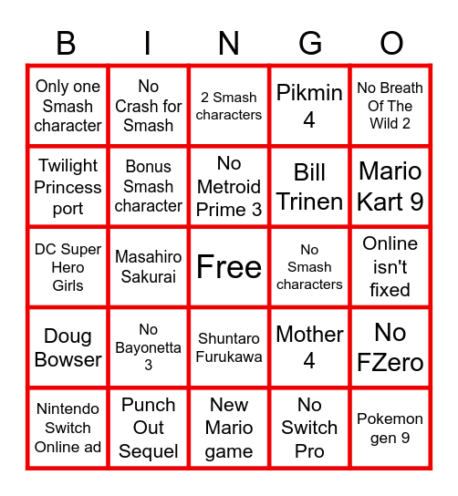 Nintendo E3 Bingo Card