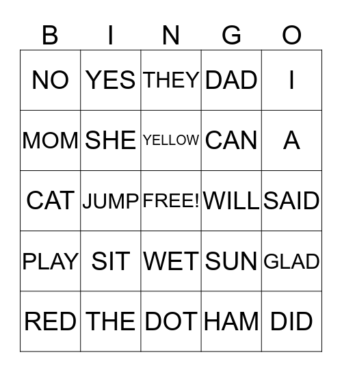 Sight Words Bingo Card