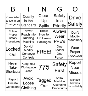 SAFETY AWARENESS Bingo Card