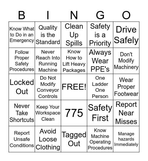 SAFETY AWARENESS Bingo Card