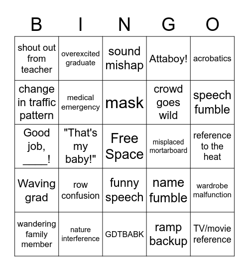 Graduation 2021 Bingo Card