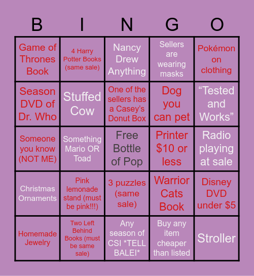 Garage Sale Bingo! Bingo Card