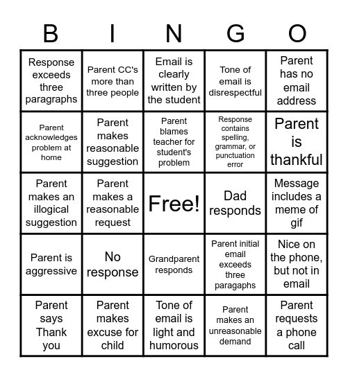 Parent Email Bingo Card