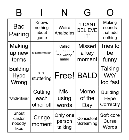 Cringe Shoutcasting Bingo Card