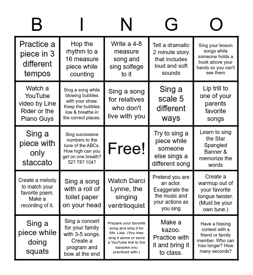 Singer's BINGO Card