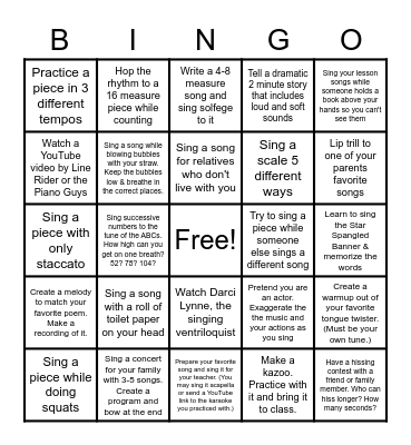Singer's BINGO Card