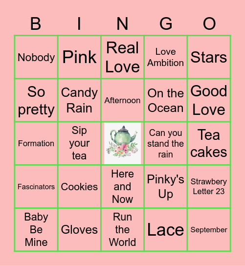 Virtual Tea Party Bingo Card