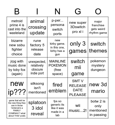 nintendo e3 Bingo Card