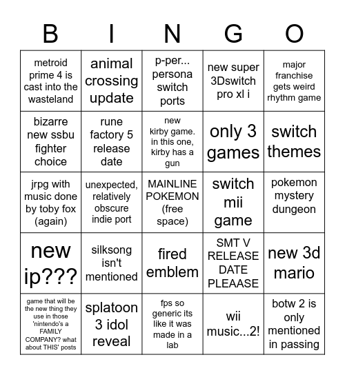 nintendo e3 Bingo Card