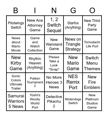 Nintendo E3 2021 Prediction Bingo Card