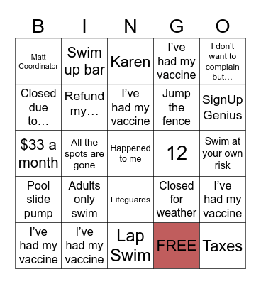 Reunion Pool Bingo Card