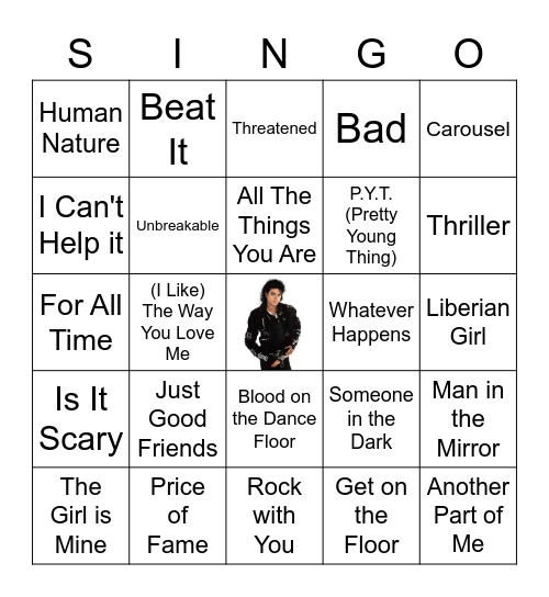 Michael Jackson SINGO Bingo Card