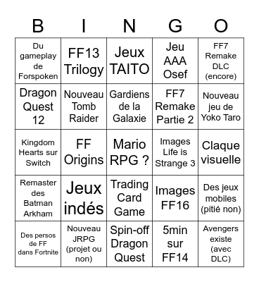 Bingo Conférence Square Enix E3 2021 Bingo Card