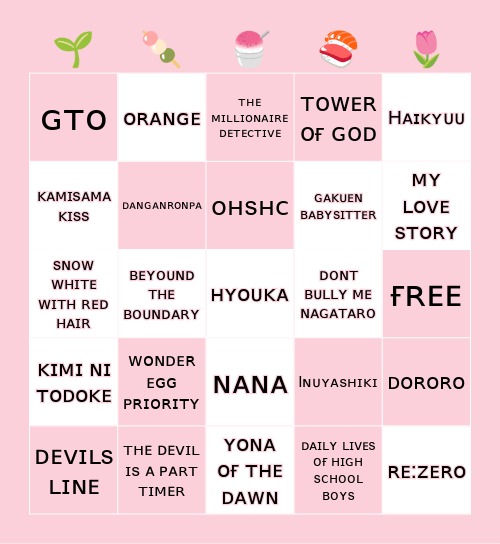❀◦𝐀𝐧𝐢𝐦𝐞 𝐁𝐢𝐧𝐠𝐨◦❀ Bingo Card