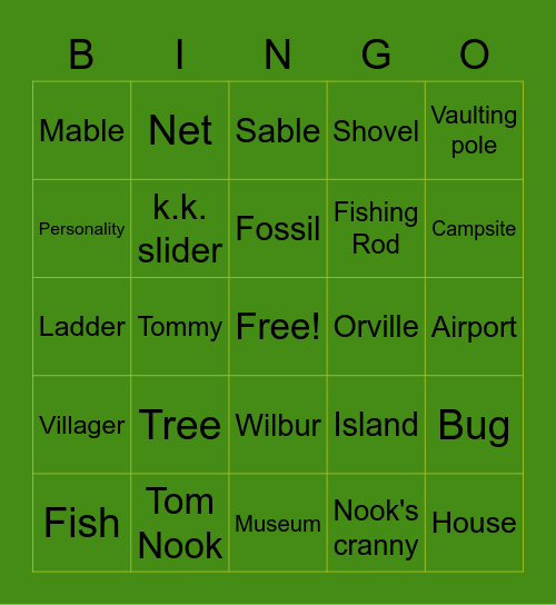 Animal crossing Bingo Card