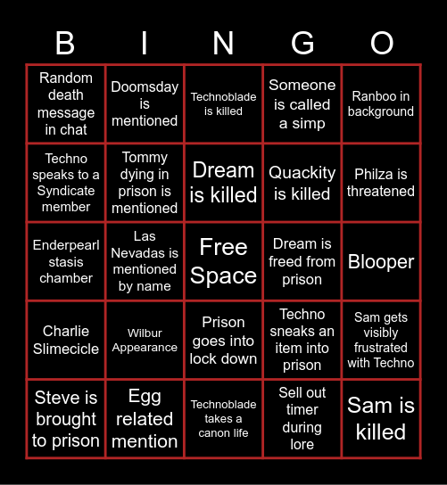 Prison Stream Bingo Card