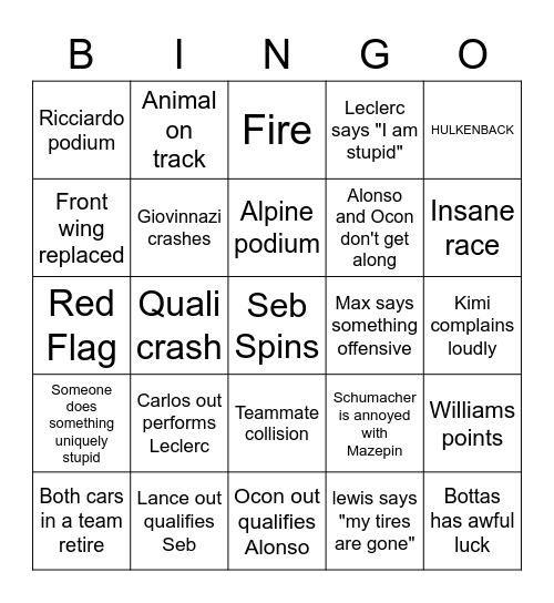 F1 2021 Bingo Card