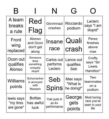 F1 2021 Bingo Card