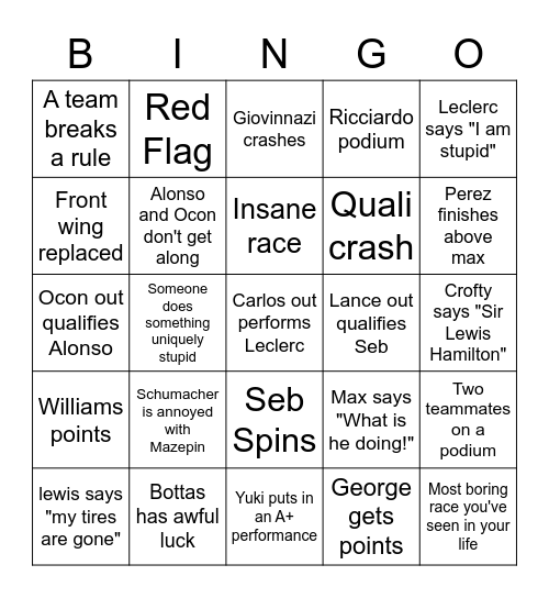 F1 2021 Bingo Card