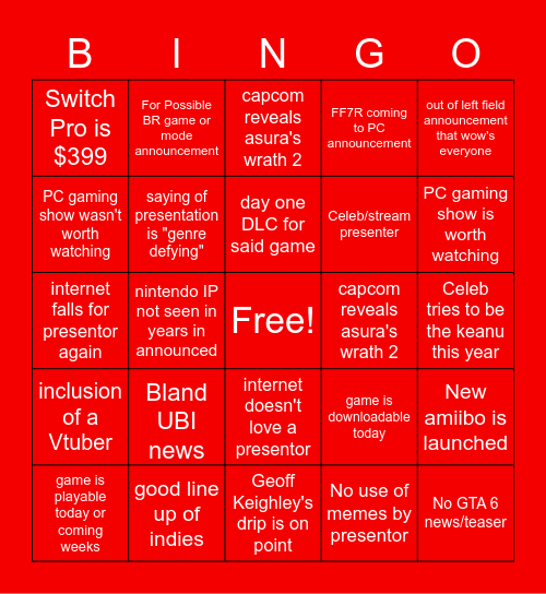 E3 2021 Bingo Card