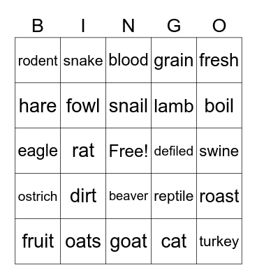 Clean and Unclean Animals Bingo Card