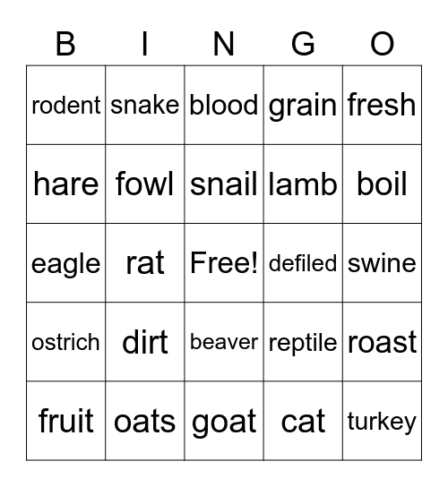 Clean and Unclean Animals Bingo Card